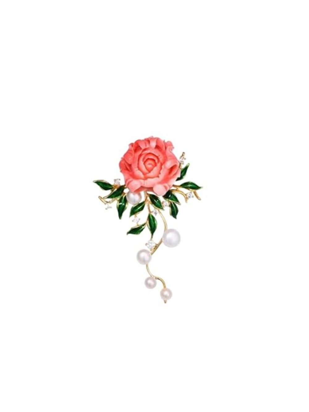Anmpab Vintage Pink Peony Brooch with Pearl Rhinestone Green Leaves Sparkling